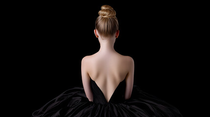 Ballerina woman showing back in elegant black dress
