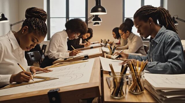 Diverse architecture students drawing plans at drafting tables in a classroom. Focused learning atmosphere suitable for education and design concepts.