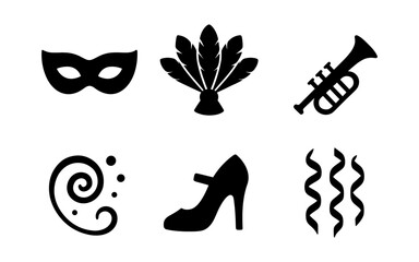 Carnival party icons in black and white, perfect for invitations and posters