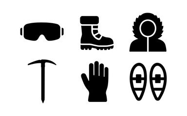 Winter outdoor adventure equipment icons in bold black silhouette style