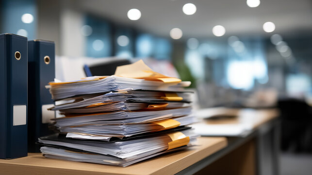 Office overload with documents and binders heavily defocused paperwork stacks anonymous workspace overwhelmed administrative chaos visualization filing system disaster