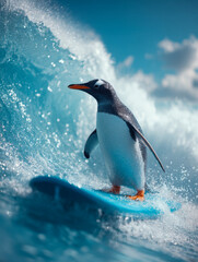 Obraz premium A penguin expertly riding a vibrant blue surfboard on a sparkling ocean wave under a bright sky with fluffy clouds in a unique and dynamic wildlife adventure scene