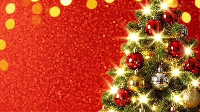 A beautifully decorated evergreen tree sparkles brightly with warm white lights and a collection of festive red, gold, and silver bauble ornaments. The radiant glow of the tree contrasts elegantly aga