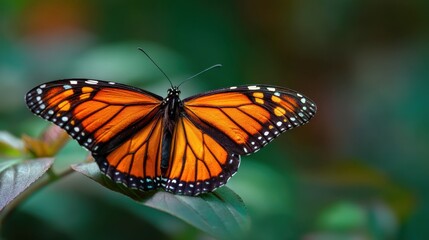Fototapeta premium A butterfly with orange and black wings sits quietly on a leaf surrounded by lush green foliage. Sunlight highlights the details of its wings in a natural environment.