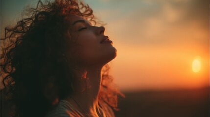 Fototapeta premium A young woman stands in an open area with her eyes closed and head tilted back. The sun sets in the background casting warm colors across the sky as she takes a moment for herself.
