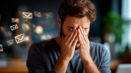 Faceless man overwhelmed by digital mail heavily defocused inbox background anonymous person struggling to manage overflowing emails endless digital communication pressure
