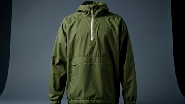 A neatly folded olive green jacket transforms into a stylish anorak. This modern outerwear features a half-zip and a practical front pocket.
