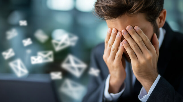 Faceless man overwhelmed by digital mail heavily defocused inbox background anonymous person struggling to manage overflowing emails endless digital communication pressure - Powered by Adobe