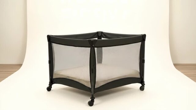 A portable baby playpen unfolds quickly in a studio setting. This convenient crib offers a safe space for infants.