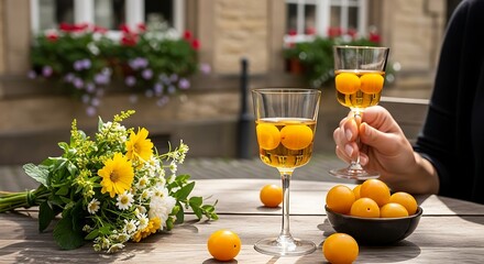 Refreshing Cocktails with Mirabelle Plums  Bouquet on Wooden Table with Summer Day.