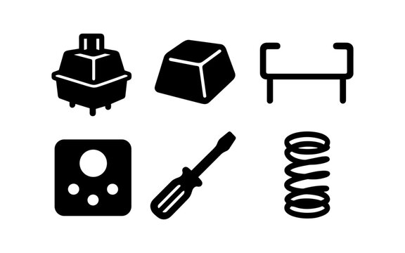 Mechanical keyboard components in bold black and white vector graphics