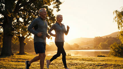 Casal Ativo de Meia-Idade Correndo e se Exercitando no Parque ao Nascer do Sol - Conceito de Sa&uacute;de, Bem-Estar e Longevidade
