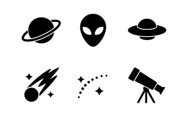 Black and white space icons including planets, aliens, and a telescope