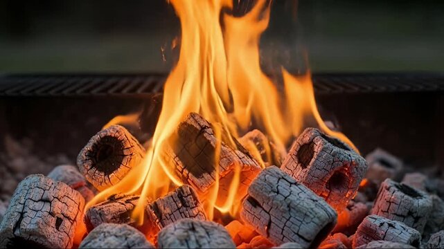 A captivating close-up shot features charcoal briquettes intensely burning, creating a vibrant display of orange, red, and yellow flames. Glowing embers illuminate the cracked texture of the fuel, wit