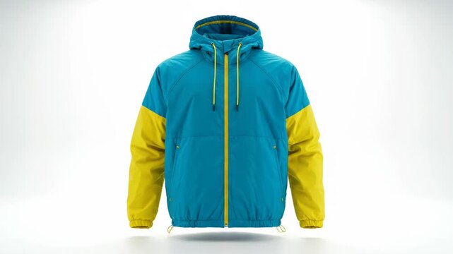 A blue and yellow fabric transforms into a stylish hooded jacket. This vibrant apparel features a striking and modern design.