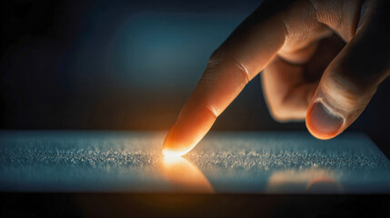 Human hand interacting with a glowing digital touchscreen device in a dark environment, highlighting modern technology and tactile interface innovation