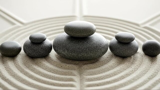 A captivating close-up shot of a serene miniature zen garden, showcasing meticulously raked sand patterns forming elegant lines and gentle curves. Smooth, dark grey natural stones are thoughtfully arr