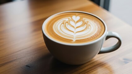 Close-up of a perfectly crafted cafe latte with beautiful heart-shaped latte art, served in a ceramic cup on a warm, textured wooden table, evoking a cozy morning coffee shop atmosphere.