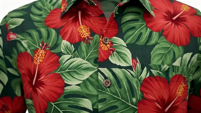 A captivating close-up shot showcases a vibrant tropical patterned shirt, featuring bold red hibiscus flowers and lush green monstera leaves against a dark green fabric. The camera gently moves across
