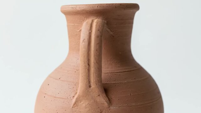 A captivating close-up showcases a beautifully crafted terracotta amphora with two distinct handles, presented against a clean, pristine white background. The unglazed surface highlights the rustic te