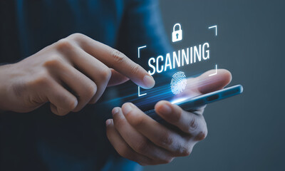 Hands using smartphone for scanning with security lock icon.