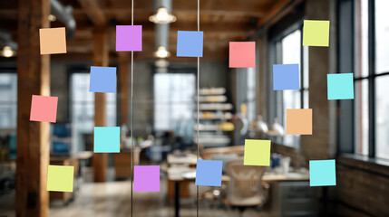 Brainstorming and planning concept with colorful sticky notes on glass wall in modern office representing creative teamwork and project management ideas organization