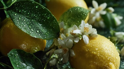 Lemons with bright yellow skin sit among green leaves. Water droplets cling to the surface and small white flowers bloom nearby. The scene highlights fresh fruit in a natural environment.