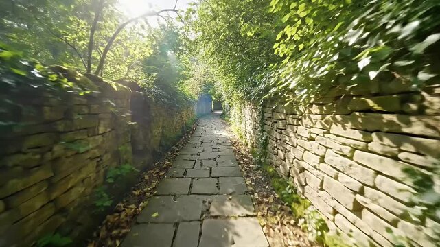 A captivating POV shot moves smoothly along an enchanting, ancient-looking stone path, flanked by moss-covered dry stone walls. Lush green foliage forms a natural canopy overhead, creating a serene tu