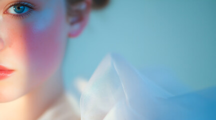 Beauty portrait of a young woman with a blue eye and soft makeup. Artistic skincare concept with dual color lighting. Room for text