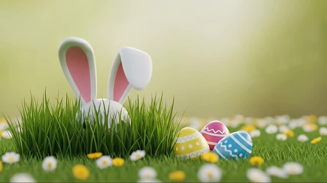 A charming and festive animated scene captures the essence of a cheerful spring celebration. Vibrant green grass, dotted with delicate white and yellow flowers, forms a soft bed for a pair of playful 