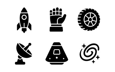 Black and white space icons set on a white background for design elements