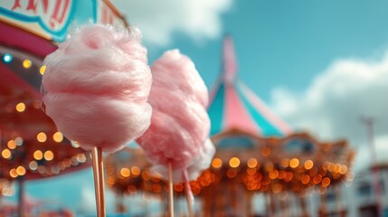 Two sticks of cotton candy are held in the foreground with a colorful carousel and bright lights in the background under a clear sky. It is a lively scene at a fairground.