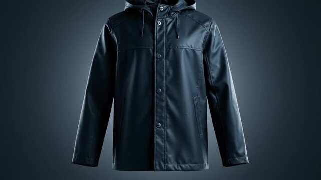 Raindrops transform into a sleek, waterproof black raincoat. This durable outerwear offers protection from the elements.