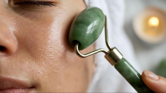 Close up serene jade roller massage for radiant skin