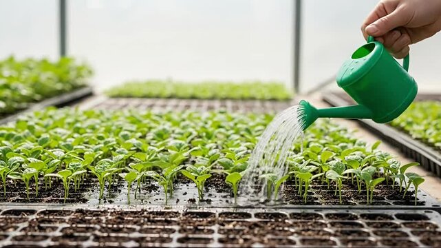 A close-up shot captures a person's hand meticulously watering a vast array of vibrant green seedlings arranged in orderly trays within what appears to be a greenhouse environment. A small, bright gre