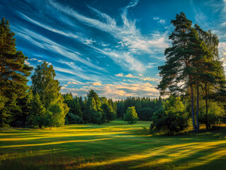 Obraz premium Serene golf course landscape under vibrant blue sky with wispy clouds