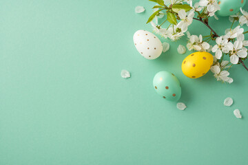 A festive Easter scene with pastel eggs and white blossoms on a mint green background, conveying celebration, renewal and warm greeting for springtime holiday moments