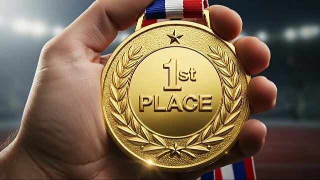 A close-up shot features a person's hand proudly holding a gleaming gold medal. The medal is prominently engraved with "1st PLACE," adorned with a classic laurel wreath and a star, symbolizing ultimat