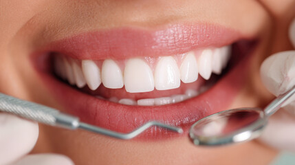 Fototapeta premium Patient smiling with healthy teeth during a dental checkup with professional tools reflecting oral care and hygiene maintenance in a clinical setting