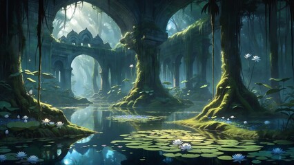 ancient forest with water lilies and stone arches