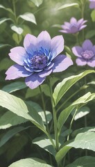 vibrant purple flower with blue center surrounded by green foliage