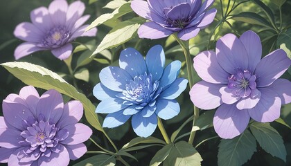 colorful flowers with blue and purple petals in a garden setting