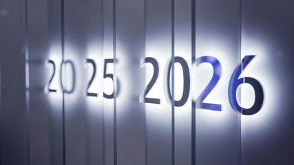Business timeline concept showing transition from 2025 to 2026. Modern blue illuminated numbers on vertical panels for corporate strategy and planning.