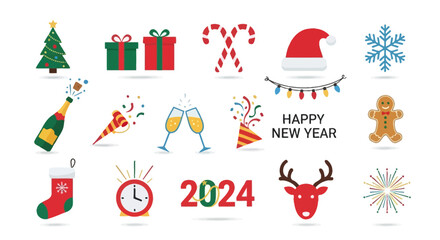 Festive New Year and Christmas Celebration Symbols for 2024 with Holiday Decorations and Greetings