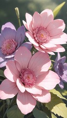 soft pink flowers with green leaves in sunlight