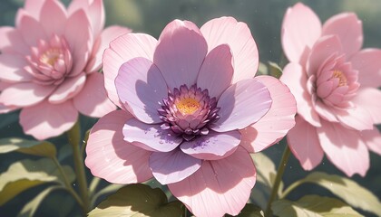 glossy pink flowers with purple centers in a garden setting