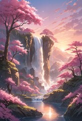 magical waterfall with cherry blossom trees at sunset