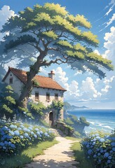 rustic cottage by the sea with blooming hydrangeas and a large tree