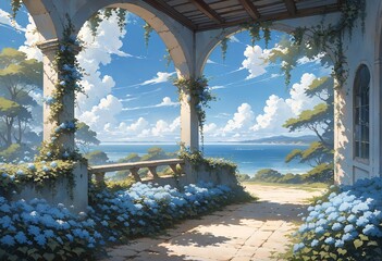 ancient garden with blue flowers and ocean view