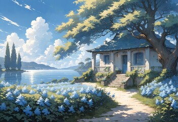serene coastal cottage with blooming blue flowers and lush greenery